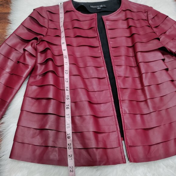 Lafayette 148 New York Burgundy 100% Leather Open Front Layered Jacket Size 6 - Picture 14 of 15